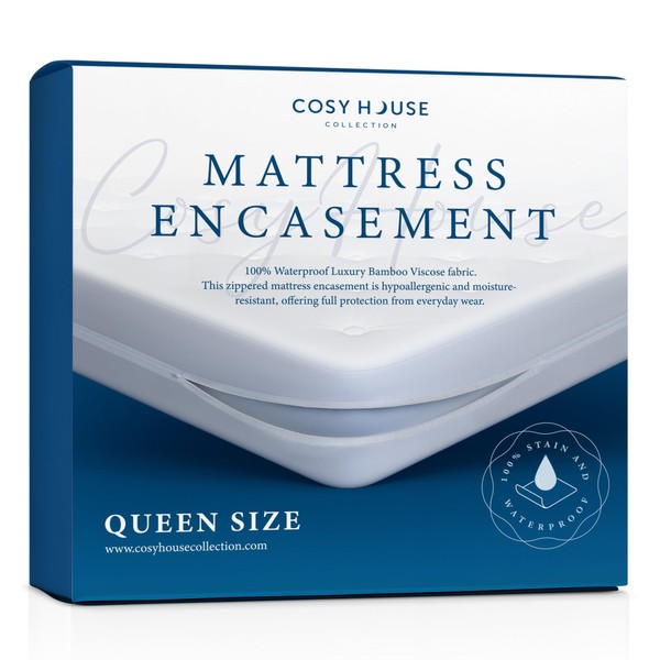 Cosy House Collection Luxury Zippered Mattress Encasement - Master Bedroom Essentials - 100% Waterproof Blend of Rayon Derived from Bamboo Fabric - Ultimate Noiseless Comfort & Cooling (Queen)