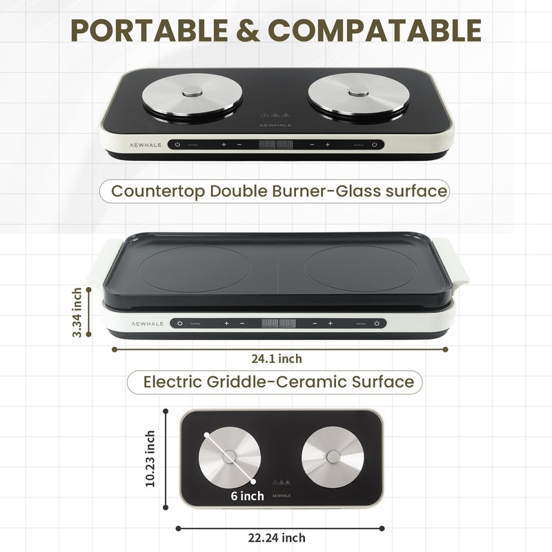 AEWHALE Electric Glass Cooktop 2 Burners with Removable Griddle Pan