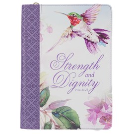 Christian Art Gifts Vegan Leather Zipped Journal, Inspirational Women's Notebook Strength and Dignity Scripture, Flexible Cover, 336 Ruled Pages, Ribbon Bookmark, Prov. 31:25 Bible Verse