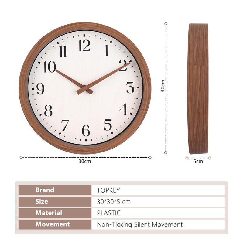 Topkey 12 Inch Round Silent Wall Clock with Wooden Hour