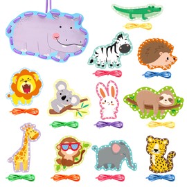 Omlisca Jungle Animal Lacing Cards 12 Packs Double Sided Sewing Kits Lion Wild Animal Sewing Cards Educational & Learning Activities Fine Motor Skill for Forest Jungle Party Decor
