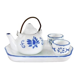 SUPVOX 1:12 Miniature Tea Cup Sets Dollhouse Porcelain Tea Cup Set Ceramic Chinese Flower Pattern Tea Cup Pot Set Doll House Accessories