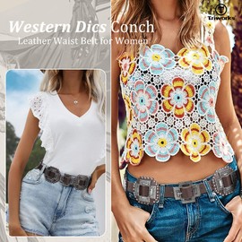 TRIWORKS Women Brown Western Concho Leather Belt Cowgirl Boho Belt Chunky for Dresses Concert Festival