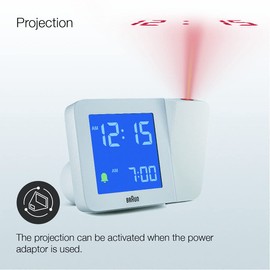 Braun Digital Projection Alarm Clock with 4 Backlight Options, Negative LCD Display, Quick Set, Beep Alarm in White, Model BC15W