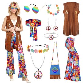 COYBTO 70s Fancy Dress Women, Hippie Costume with Fringe Vest Flared Pants Necklace Set, 60s 70s Disco Fancy Dress, 1970s Retro Hippie Outfit Hippy Clothes for Carnival Cosplay Party (2, M)