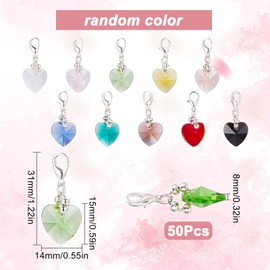SUNNYCLUE 1 Box of 50 Stitch Markers, Crochet Stitch Markers, Cute Crystal Heart Bead Pendants for Cliping, Removable Lobster Clasp, Zip Pendant, Locking Knitting Markers for Weaving