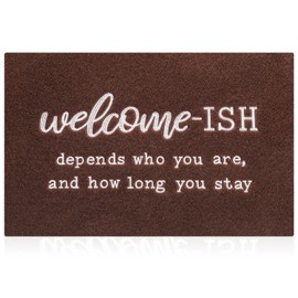 JJUUYOU Welcome Mats Front Door Mat Indoor Outdoor Entryway with Non Slip Rubber Back Funny Welcome-ish Depends Who You are and How Long You Stay Entrance Decor for Home Coffee