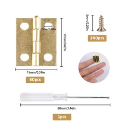 Roosea 60 Pcs Antique Mini Hinges 15 * 18 mm Small Hinges for Dolls House with 240 Pcs Screws and Screwdriver Dolls House Hinges for DIY Crafts Wooden Box Toys Cabinet Drawer (Gold)