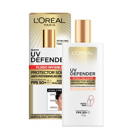 L'Oréal Paris Protector solar facial FPS50+ UV Defender Fluido Invisible Tono Claro, 40ml - Protección solar facial ultra ligero, -50% manchas y -30% arrugas debidas al sol, con Ácido Hialurónico