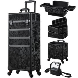 Stagiant Rolling Makeup Case 4 in 1 Cosmetology Case on Wheels Makeup Travel Case with Cosmetic Bag Key Swivel Wheels Salon Barber Case Traveling Cart Trunk Cosmetic Trolley Alpine Black