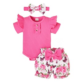 3-6 Months Baby Clothes for Girls Summer Outfits Ruffle Sleeve Romper Infant Flower Shorts Set with Bow Headband Rose Red