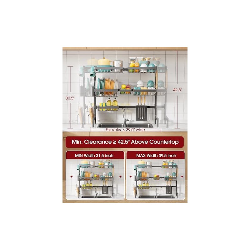 Sakugi Over The Sink Dish Drying Rack - Adjustable 3
