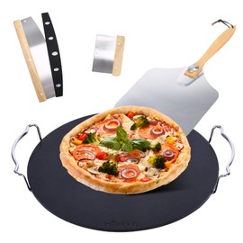 Hisencn 13" Round Pizza Steel for Oven & Grill – Ceramic Baking Steel Pizza Stone Set with Rack, Pizza Peel, Cutter & Dough Scraper, Crack-Resistant & High Heat Conductivity for Crispy Crust