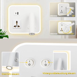 uksunvi LED Reading Lamp, Wall Lamp with Universal Socket, USB Type-C, Two Charging, Mouth Switch, Adjustable, 12 W, 3000 K, Wall Reading Lamp, Aluminium Bed Lamp, Rotatable (Square White)