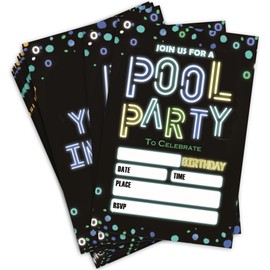 IKFRGN Pool Party Invitations For Birthday, Neon Invites-Birthday Cards For Boys & Girls-20 Invitations with 20 Envelopes, Party Celebration Favors& Supplies-A04