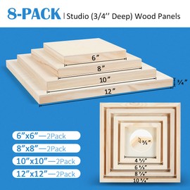 Falling in Art Unfinished Birch Wood Canvas Panels Kit, Falling in Art 8 Pack of 4 Sizes Studio 3/4’’ Deep Cradle Boards for Pouring Art, Crafts, Painting, and More