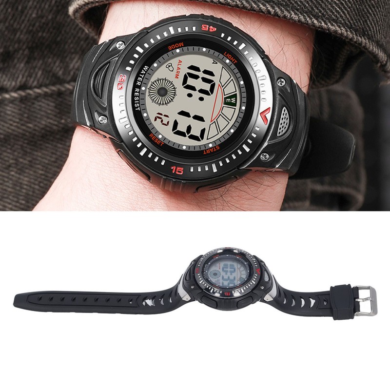 Black Men Digital Watch Waterproof LED Backlight Stopwatch Countdown 12/24