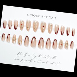 24Pcs Red French Tip Press on Nails Medium Almond Fake Nails with 3D Gold Chrome Flower Artificial Acrylic Nails Red Gem Flower Rhinestone Glue on Nails Retro French False Nails for Women