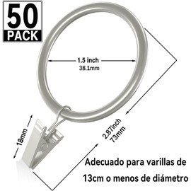 Ganchos para Cortina de Baño 50PCS con Anillos 1.5 Pulgadas, Argollas para Cortinas con Clips, Anillos Clips de Cortina Rustproof Vintage para Barra de 1.2 Pulgadas de Diámetro (Niebla Plata)