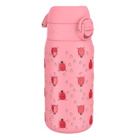 Ion8 Insulated Steel Water Bottle, 320 ml/11 oz, Leak Proof, Easy to Open, Secure Lock, Dishwasher Safe, Carry Handle, Flip Cover, Metal Water Bottle, Raised Print, Stainless Steel, Lady Bugs Design