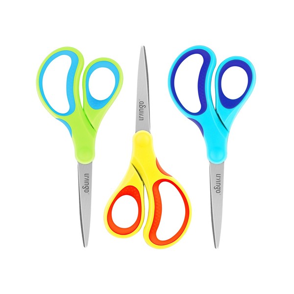 LIVINGO Student Scissors for School: 7 Inch 3 Pack Sharp Pointed Tip Teacher Scissors for Kids Middle High School College Classroom Craft, Comfortable Grip, Right Left Handed, Blue, Green, Yellow