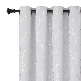 BUHUA White Black Out Curtains 84 Inch Long 2 Panels, Soundproof Curtains with Elegant Silver Tree Branches Print, Heat Blocking Curtains for Livingroom, 52W x 84L, Greyish White