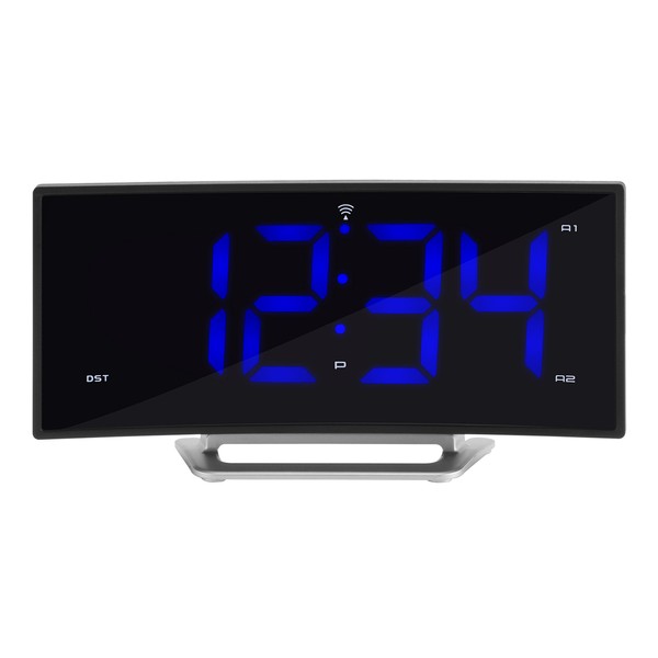 La Crosse Technology 617-249 1.8" Curved Blue Digital Atomic Dual Alarm Clock, 6.60" L x 1.55" W x 3.45" H, Black
