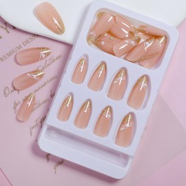 ANDGING Gold Press on Nails Almond French Tip Short Medium Fake Nails with Glitter Heart Designs Acrylic Glue on Nails for Wedding Gel Manicure Bling False Nails for Women Pressons Stick on Nails