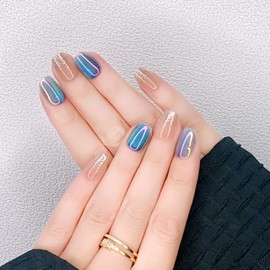 Fantasticlady Magnetic Glue On Nails Short,Square,Blue & Pink Glitter,Christmas,White French Tips,Nails Kit Acrylic Set Full Cover Glossy for Women