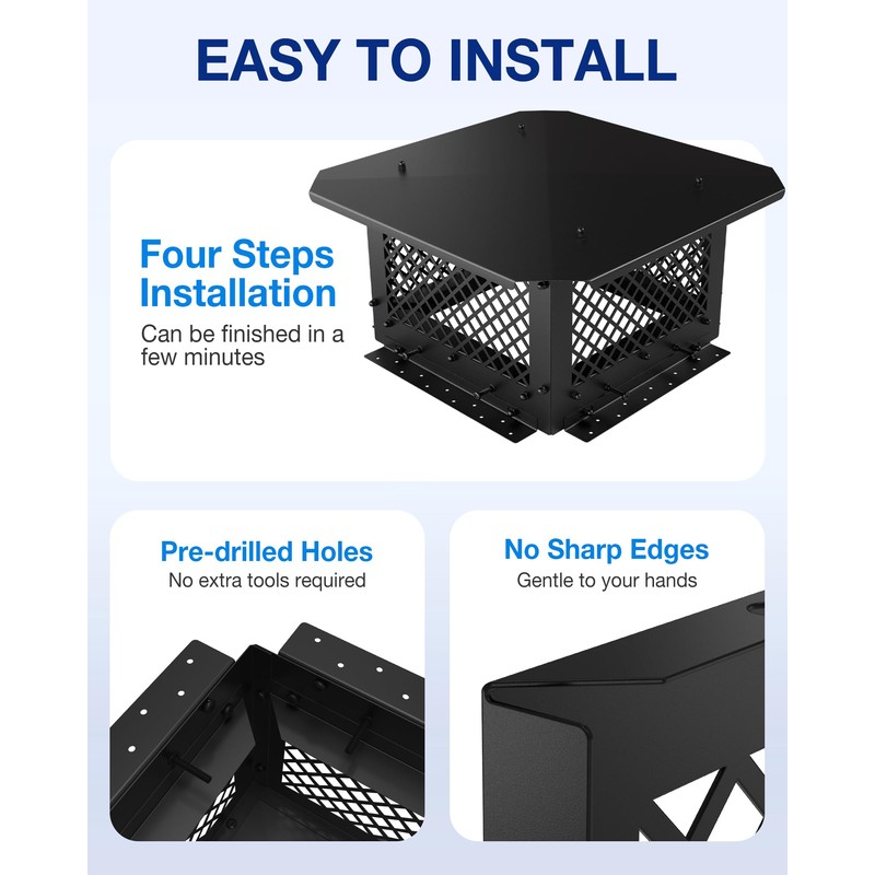 Chimney Cap 14x14 Inch Square Cover: All Weather Easy Assembly