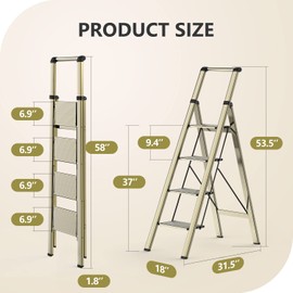 WOA WOA 4 Step Ladder, Ladders for Home, Anti-Slip Pedals, Aluminum Step Stool Foldable, Lightweight to Move, Ease of Storage, Reach 9ft for Closet Kitchen Library, Hold 300lbs - Gold