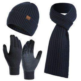 Juego de 3 guantes unisex de invierno para gorro, bufanda, gorro de punto cálido, guantes de visualización táctil, bufanda larga para hombres y mujeres, marino, Talla única
