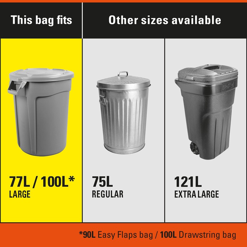 Hefty® Garbage Bags, Strong Large 77 Litres Black, Easy Flaps,