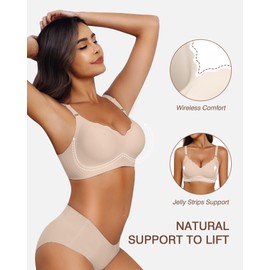VRVOICE Wireless Bras for Women No Underwire Seamless Full Coverage Scalloped Push Up Support Lift Back Fat Smoothing Bralettes, Skin Medium