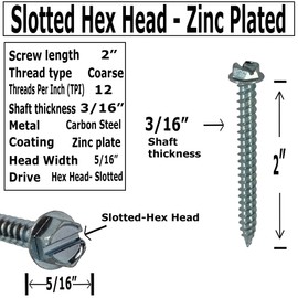 BRAUNY BOY – 2” x #10 – Slotted Hex Head Wood Screw – Zinc Plated – Coarse Thread - Self Tap - ¼” Hex Drive for Wood & Metal – Qty (100)