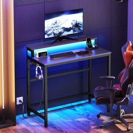 YATINEY Computer Desk with Charging Station and LED Lights, Gaming Desk with Monitor Stand, 2-Tier Home Office Desk with 4 Side Hooks, for Living Room, Home Office, Black DN01UDBBY1