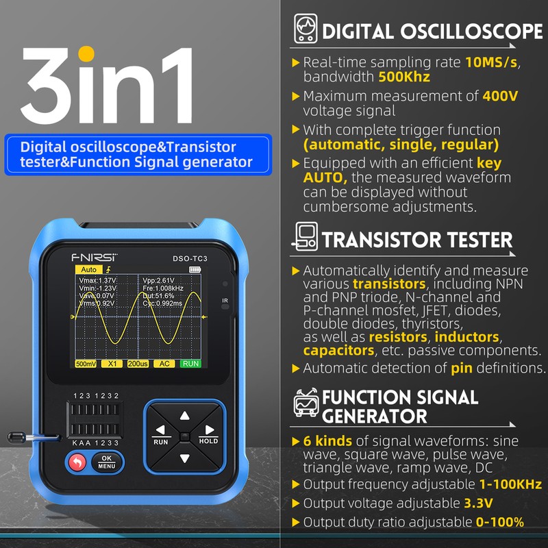 3in1 Digital Oscilloscope Transistor Tester Function Signal Generator Meter Handheld