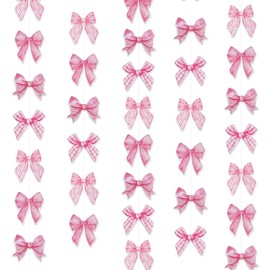 Pink Bow Hanging Garland, Double-Sided Paper Bow Banner, Pink Checkered Bowtie Party Decorations for Girls Women Coquette Birthday Party, Baby Shower, 1st Birthday Decor, Bachelorette Decor, Tying The Knot Bride Bach Decor