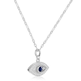 Fine Color Jewels Evil Eye Necklace | 14 inch Sterling Silver Chain | Birthstone Necklace for Girlfriend | Sterling Silver Pendant Necklace, Sterling Silver, Sapphire