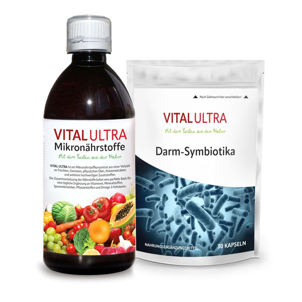 Vital Ultra 480 ml Micronutrient Concentrate + 30 Vegan Capsules Gut Symbiotics - Vitamins, Minerals and Trace Elements Combined with 15 Naturally Occurring Bacterial Cultures in the Gut