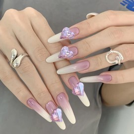 Press on Nails Almond Pointed Long Full Cover Acrylic Almond French False Nails with Designs Artificial Almond Fake Nails with Charms Glue ons Fingernails Almond Shaped Nails for Women Girls(Z484)