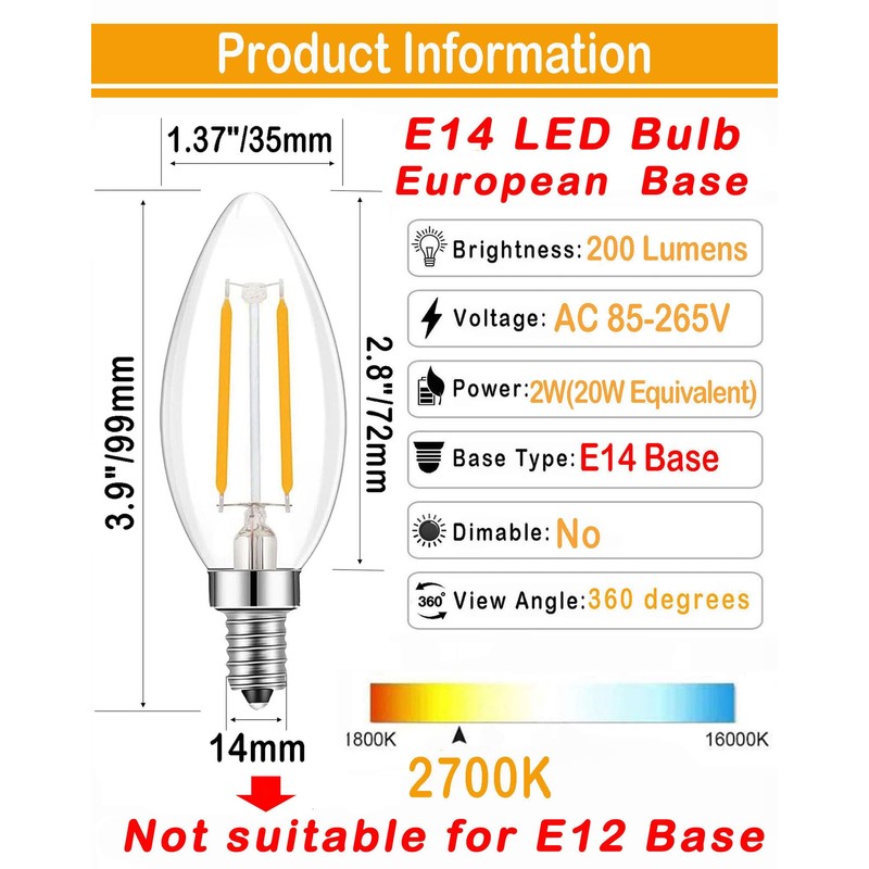 Lamsky E14 European Screw Base LED Filament C35 Shape Bullet