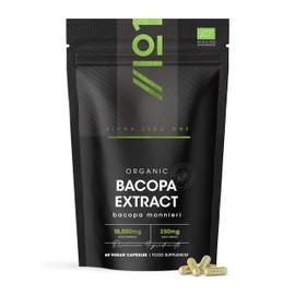 Organic Bacopa Monnieri Capsules 15,000mg - 50% Bacosides (250mg per Cap) - 60 Count - High Strength 30:1 Brahmi Supplement - Resealable and Recyclable Pouch by Alpha01