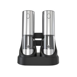 Electric Salt and Pepper Grinder Set Rechargeable Stainless Steel Pepper Mills, LED Light and Charging Base, External Adjustable Coarseness for Hygienic Easy Use