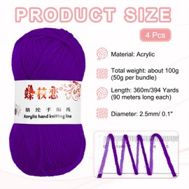 sourcing map 4PCS Crocheting Yarn, Dark Purple 4 Ply Acrylic Yarn 200g Sport Weight Yarns Bulk Soft and Fluffy Yarns for Knitting DIY Crochet Handicraft Blankets Gift,394 Yards Total