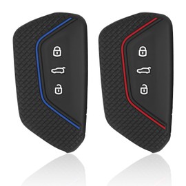 2 Stück Silikon Autoschlüssel Hülle 3 Tasten Autoschlüssel Hülle mit Wabenmuster, Kratz und sturzsichere Auto Schlüssel Etui Schutzhülle Kompatibel mit VW SEAT Skoda Golf 8 (Rote und Blaue Linien)