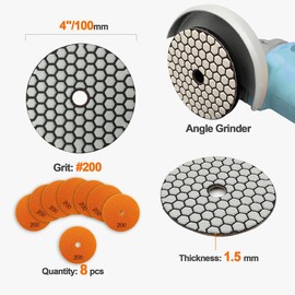 BRSCHNITT Diamond Polishing Discs Set 100 mm - #200 Dry Diamond Polishing Pad Set for Granite Stone Concrete Marble Floor Grinder or Polisher (8 Pieces)
