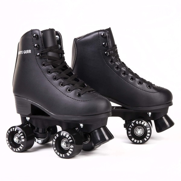 Skate Gear Extra Support Quad Roller Skates for Kids and Adults (Black, Women's 6 / Youth 5 / Men's 5)