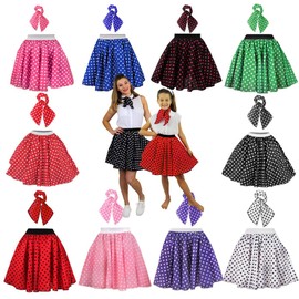 Womens Polka Dot Skirt 50s/60s Fancy Dress Costume - 17" Long Polka Dot Skirt + Scarf - Rock And Roll Swing Outfit (Ladies UK 8-12 | Hot Pink With White Dots)