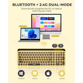 seenda Cute Wireless Bluetooth Keyboard, Dual Mode (Bluetooth + 2.4G) Round Key Typewriter Keyboard with Number Pad Integrated Stand (Yellow)